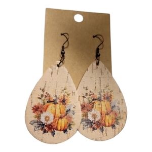 Fall floral pumpkin double sided faux leather earrings brown, orange, white